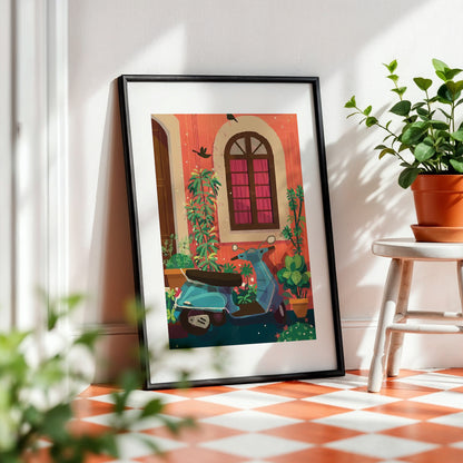 Vintage Scooter Courtyard Framed Wall Art Print