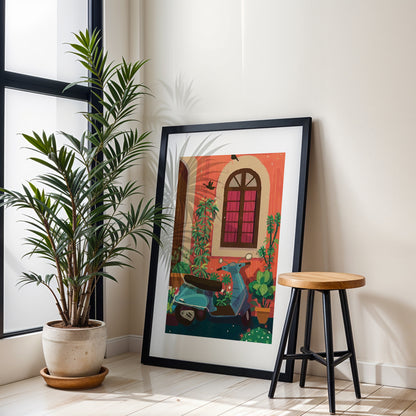 Vintage Scooter Courtyard Framed Wall Art Print