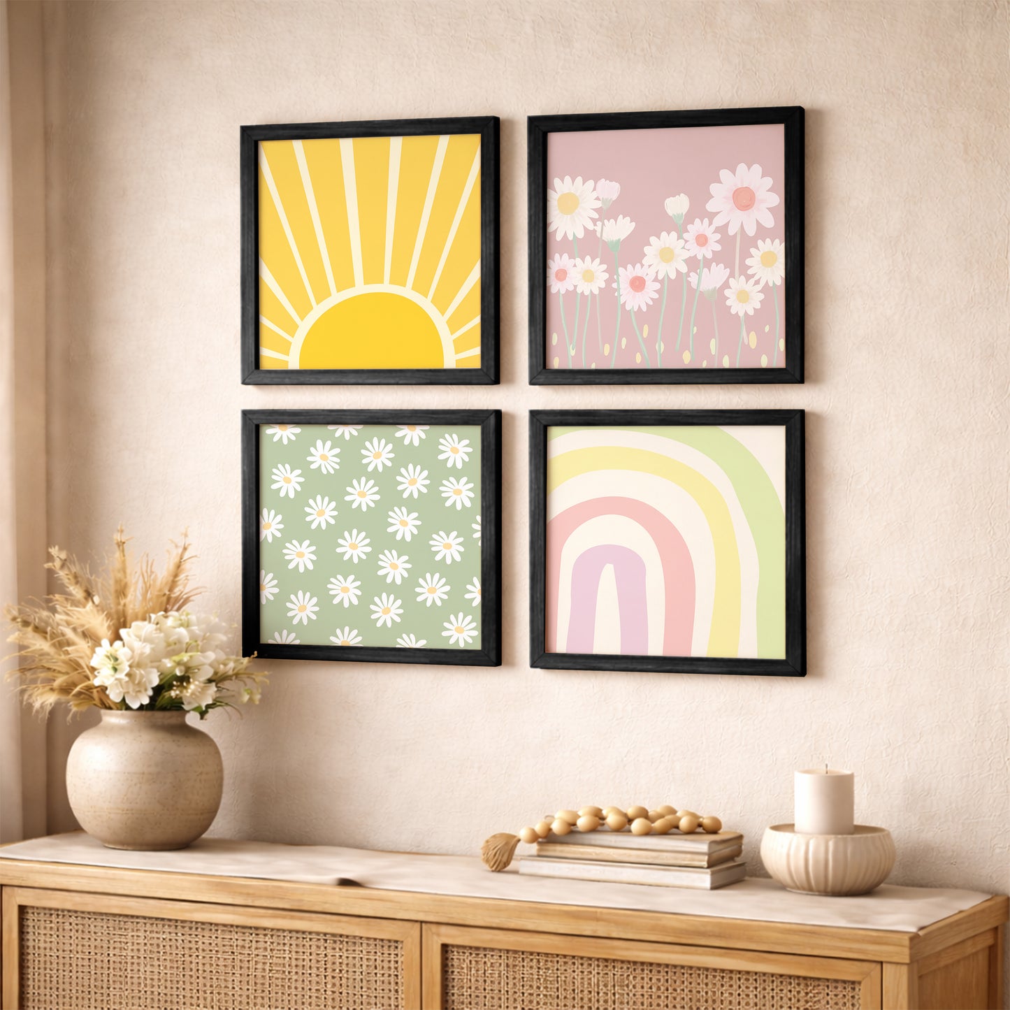 Boho Sunshine & Daisy Wall Art Frame Set of 4