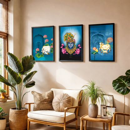 Divine Pichwai Shreenathji & Sacred Cow Wall Art - Set of 3