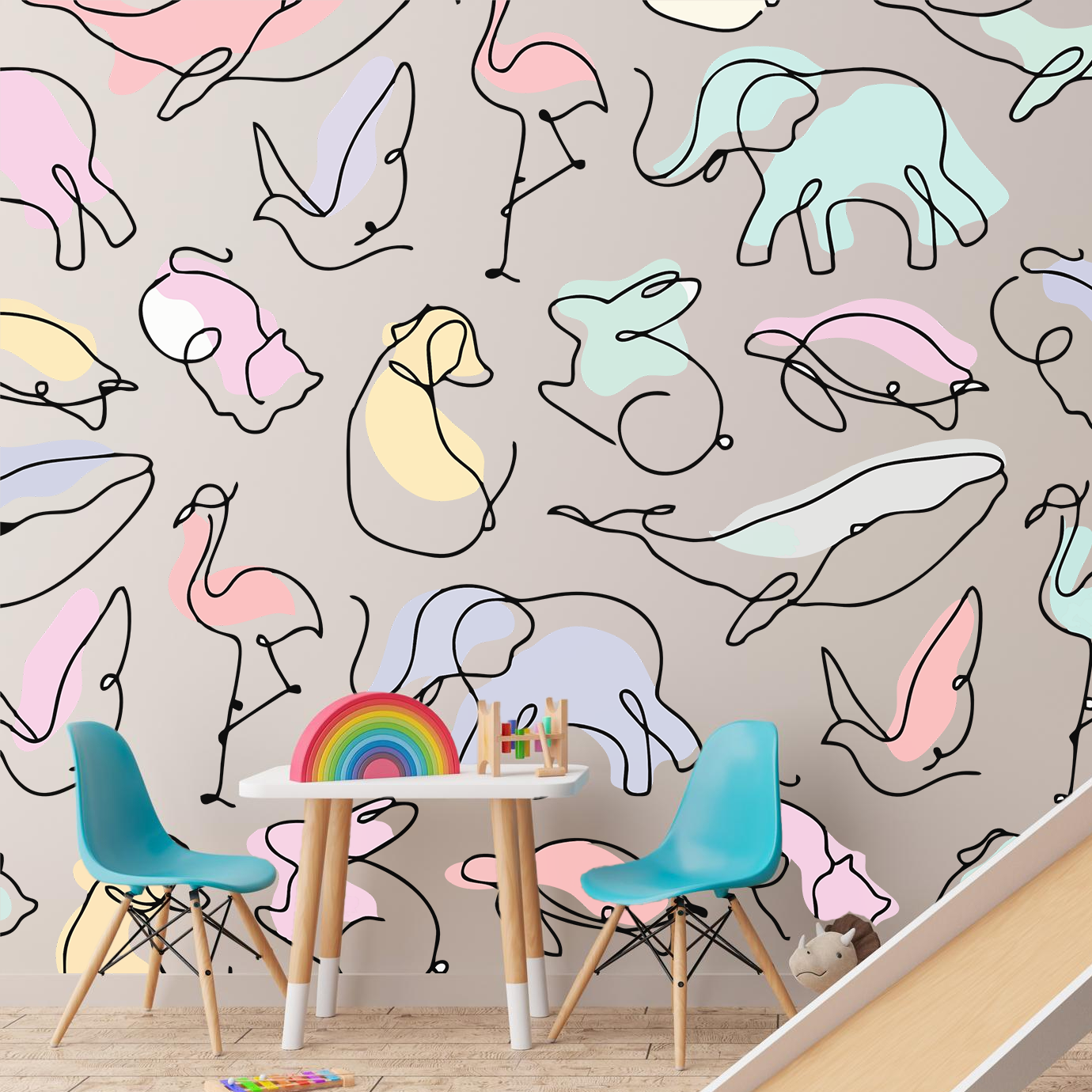 Minimalist One-Line Pastel Animal Pattern Wall Sticker