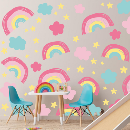 Pastel Rainbow, Star, and Cloud Pattern Wall Sticker