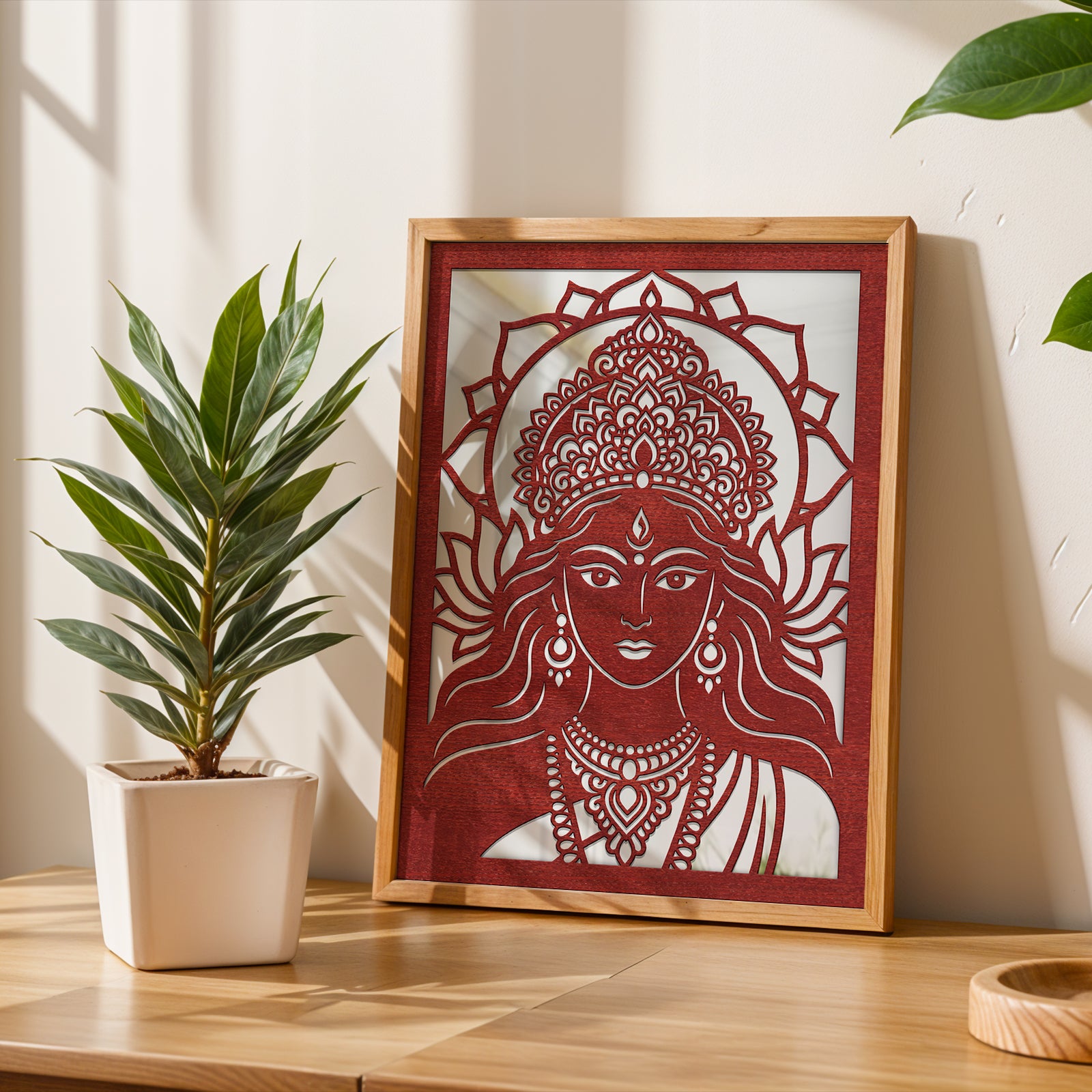 Shri Lakshmi Pinewood Laser Wall Art
