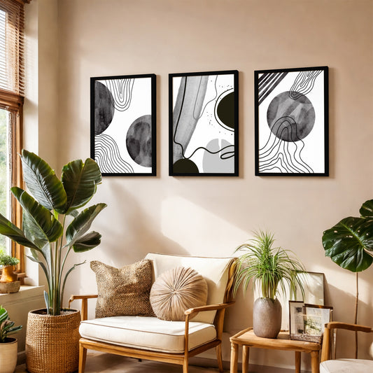 Monochrome Abstract Line Art Wall Frame Set of 3