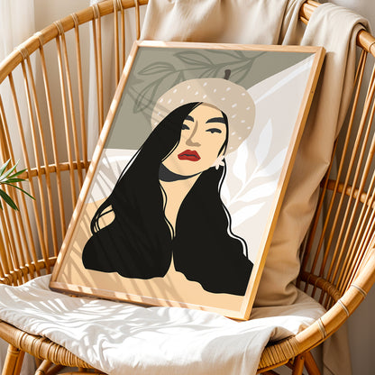 Boho Beret Girl Minimalist Framed Wall Art