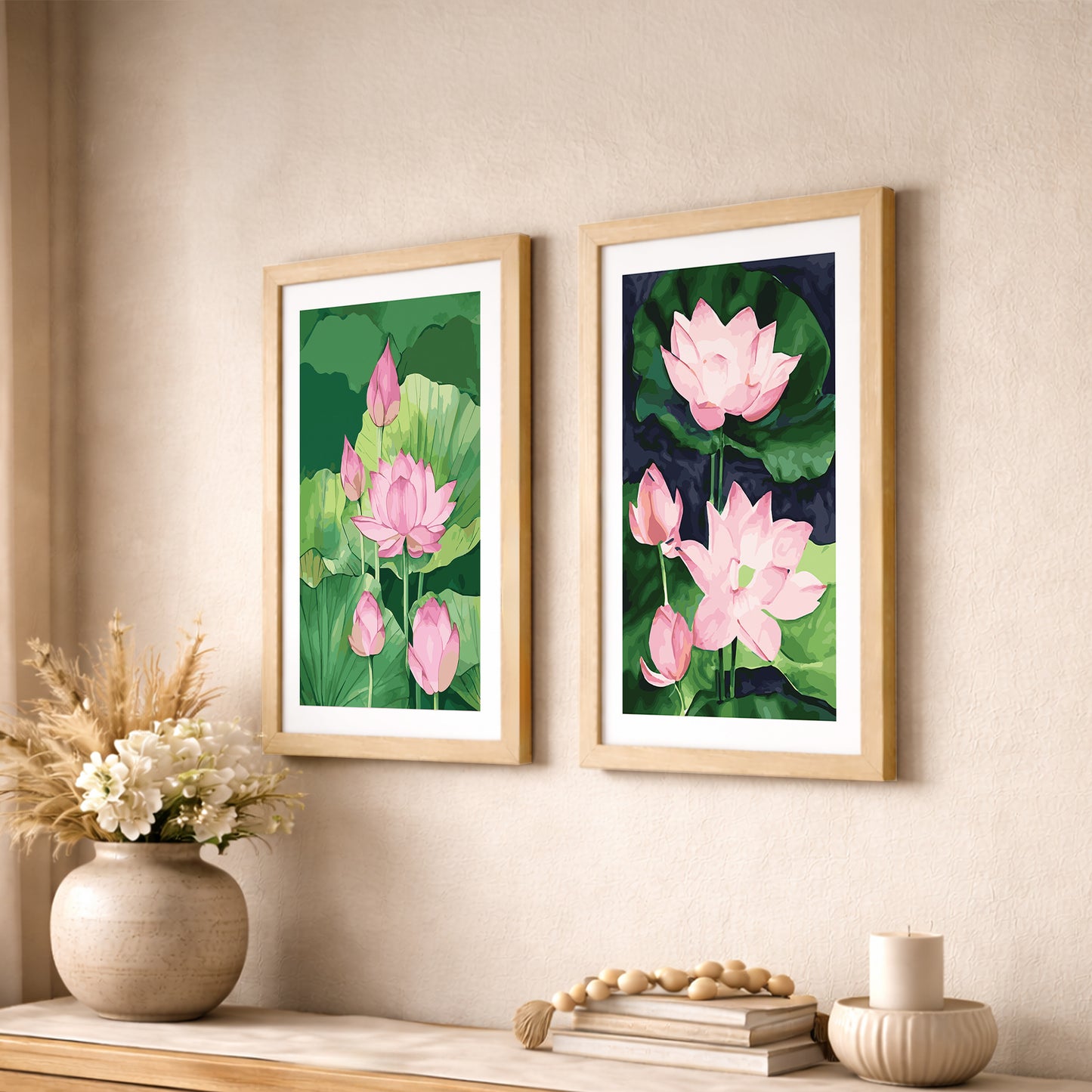 Pink Lotus Floral Wall Frame Set of 2