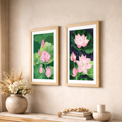 Pink Lotus Floral Wall Frame Set of 2