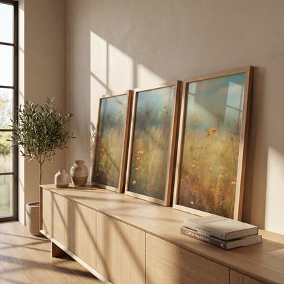 Pastel Wildflower Field Framed Prints Set of 3