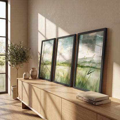 Serene Green Meadow Landscape Wall Art Set of 3