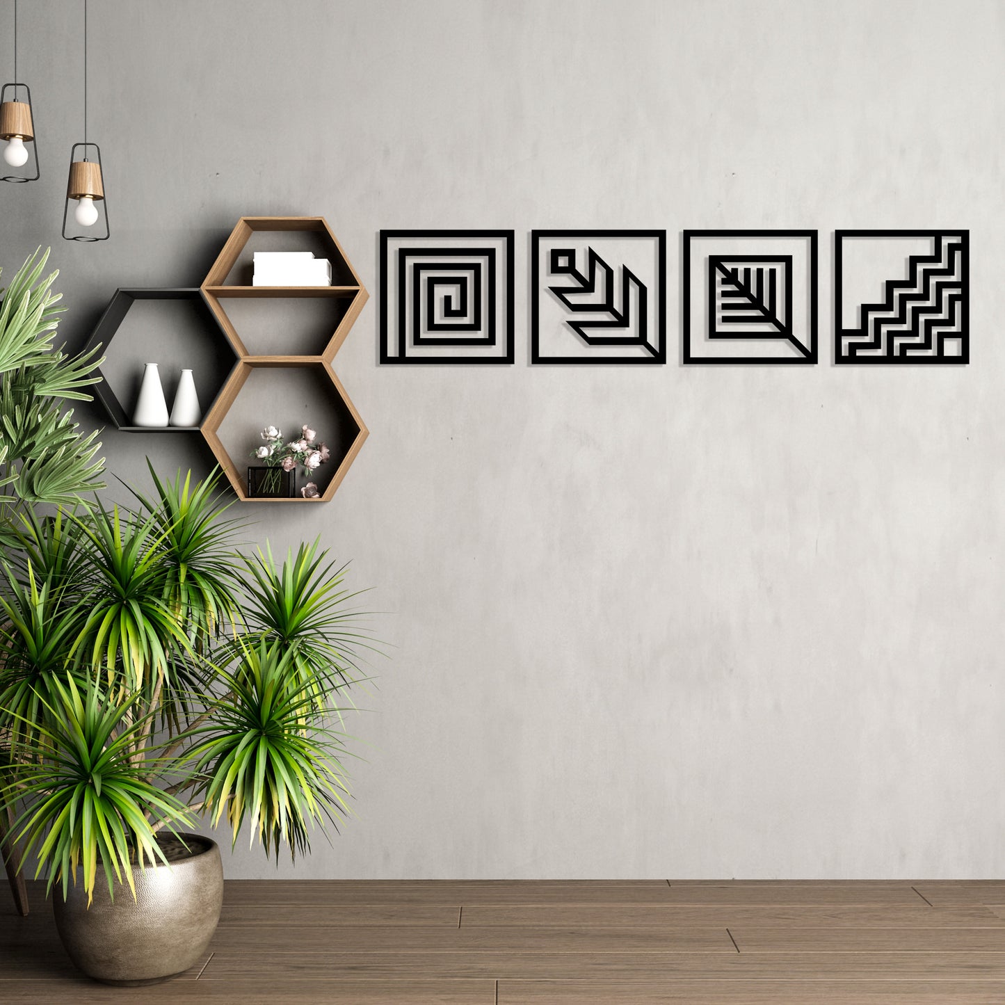 Geometric Pattern Set Pinewood Wall Art