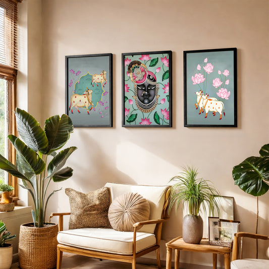 Divine Shreenathji & Sacred Cow Pichwai Wall Art - Set of 3