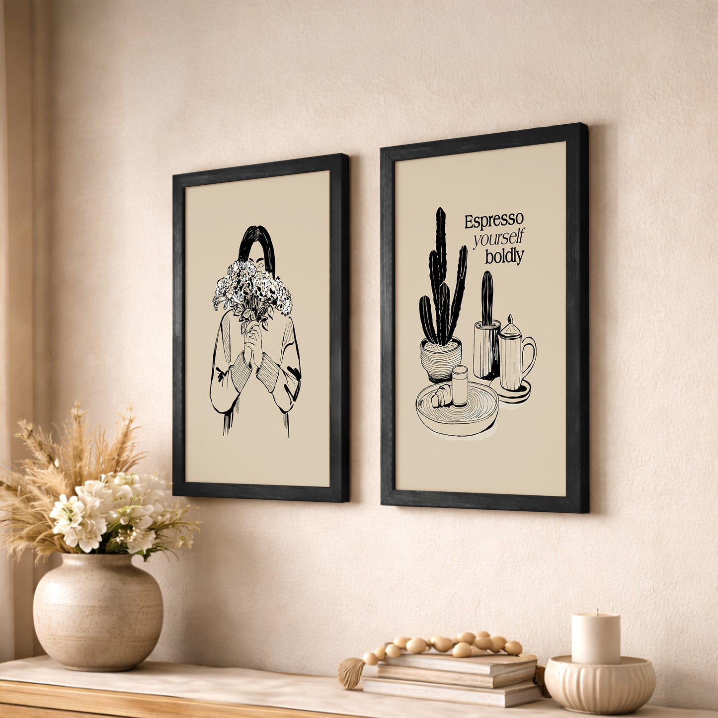 Minimal Line Art & Coffee Quote Wall Frame Set of 2