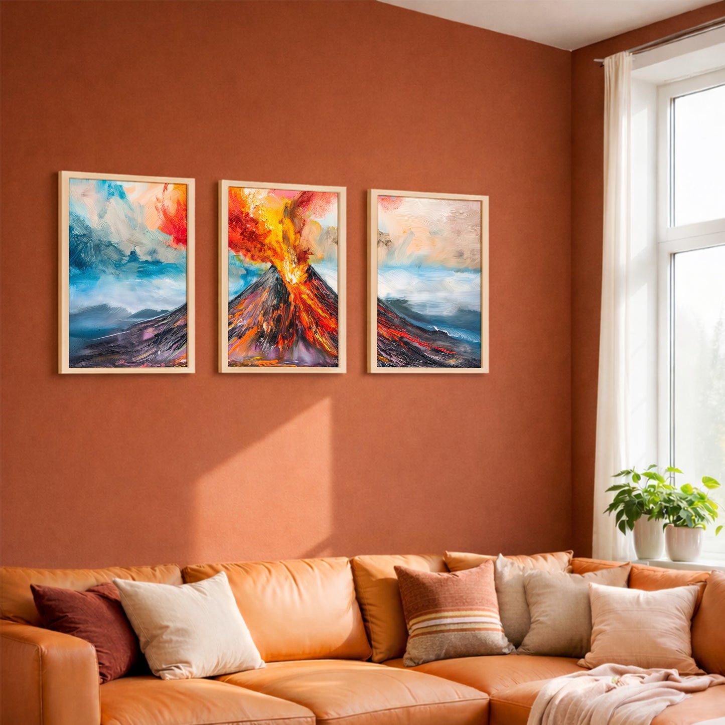 Erupting Volcano Landscape Wall Frames Set of 3