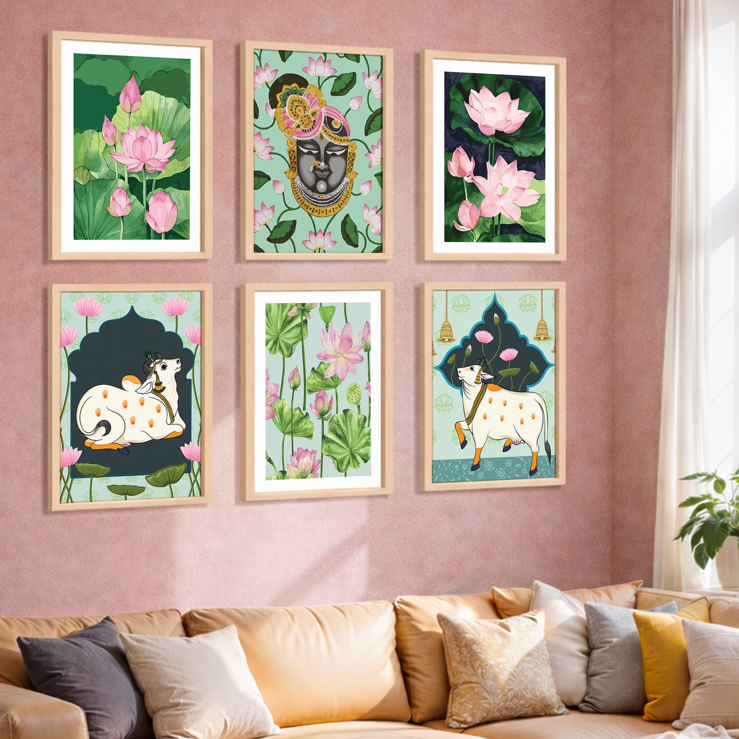 Lotus & Krishna Spiritual Art Wall Frame Set of 6