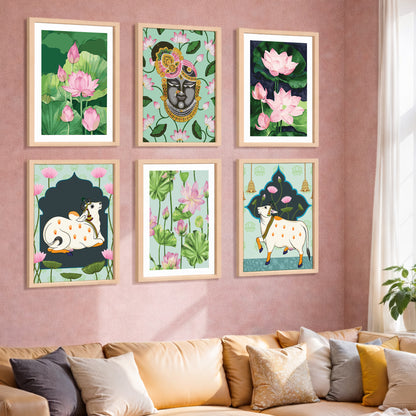 Lotus & Krishna Spiritual Art Wall Frame Set of 6