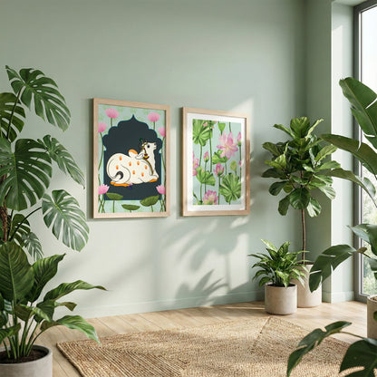 Sacred Cow & Lotus Art Wall Frame Set of 2