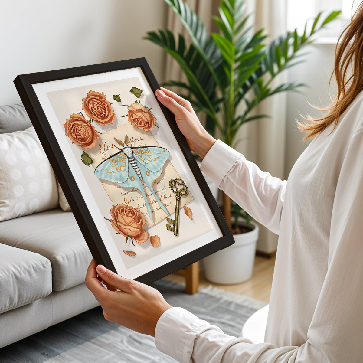 Vintage Moth & Roses Botanical Framed Wall Art