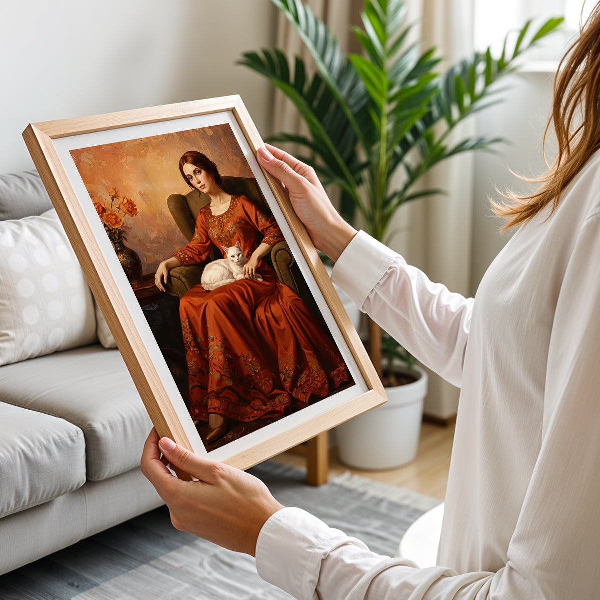 Elegant Lady with White Cat Vintage Portrait Print