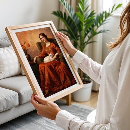 Elegant Lady with White Cat Vintage Portrait Print