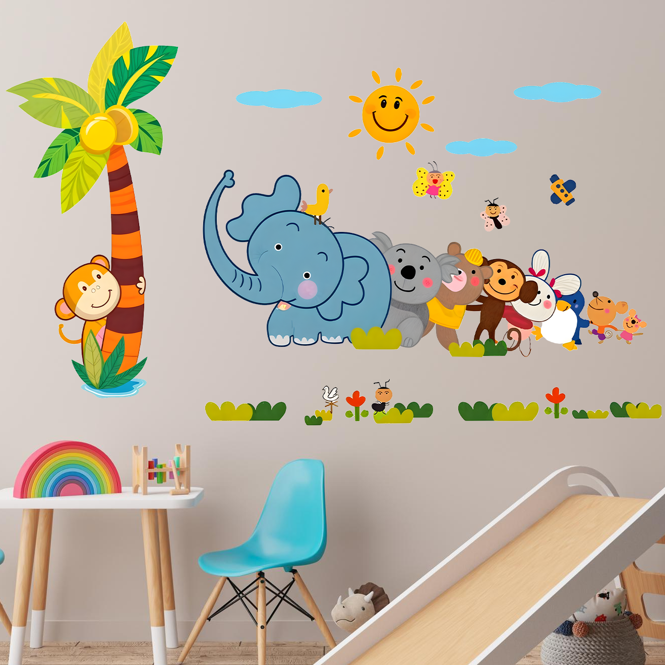 Happy Line of Cartoon Jungle Animals Wall Sticker