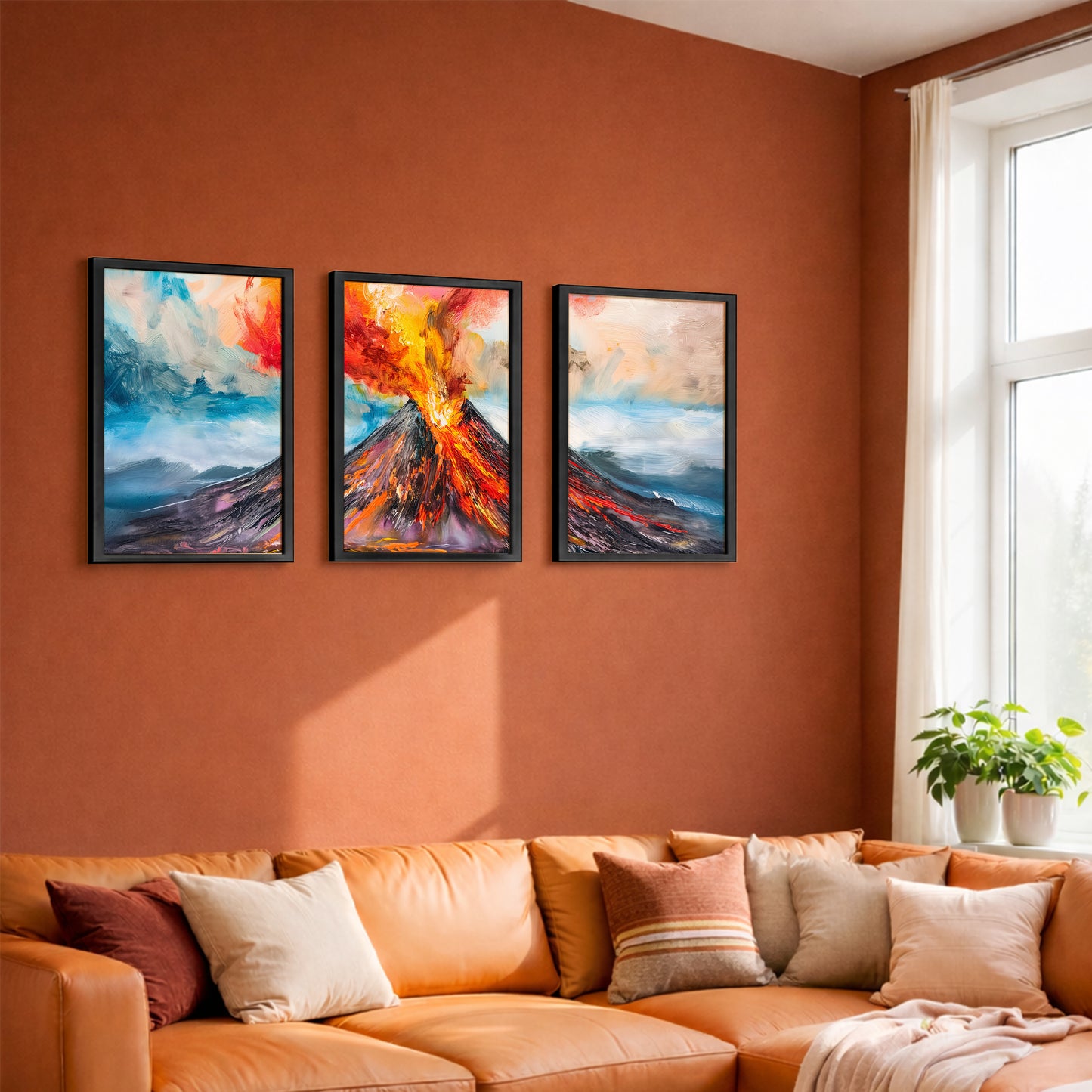 Erupting Volcano Landscape Wall Frames Set of 3