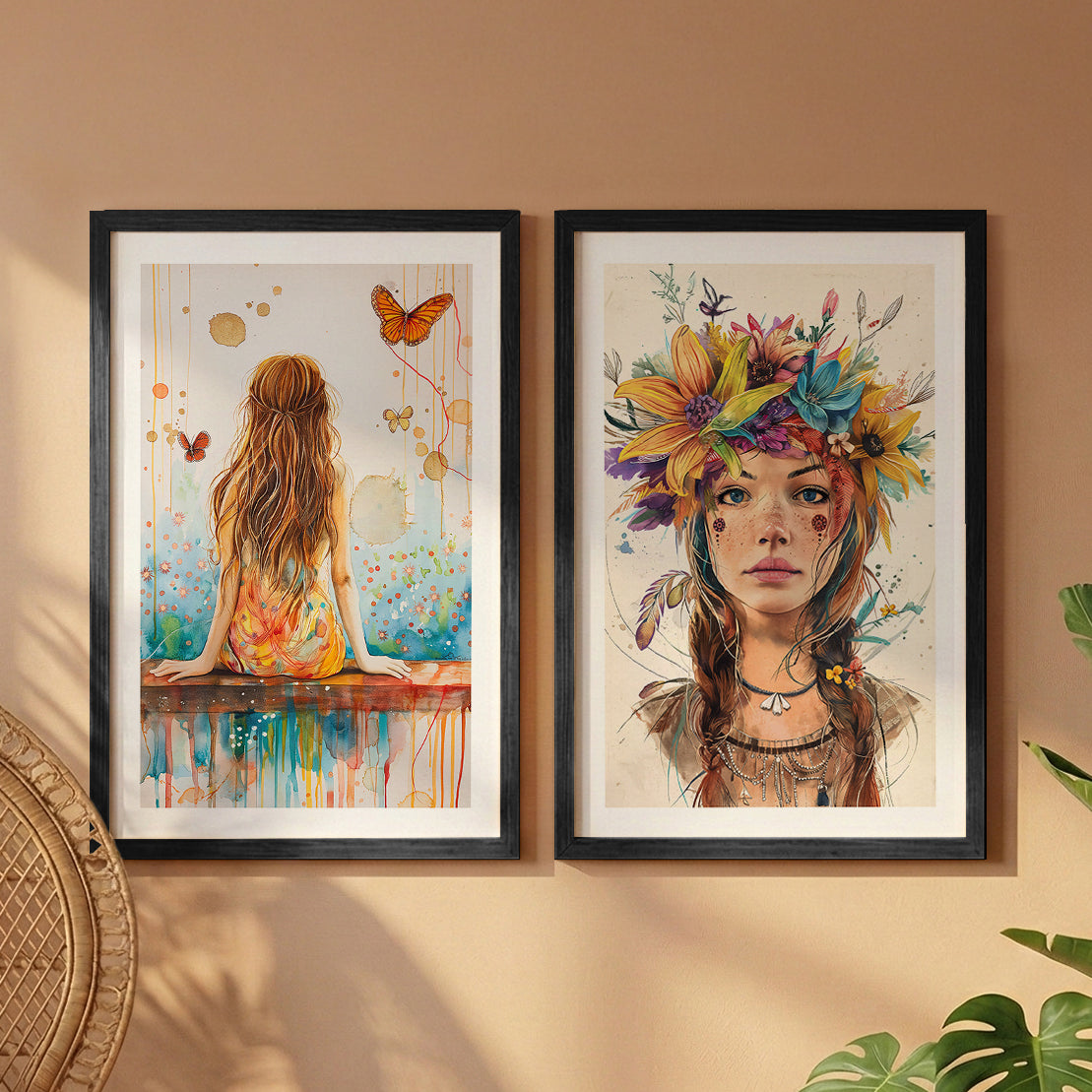 Boho Butterfly Girl Wall Art Set