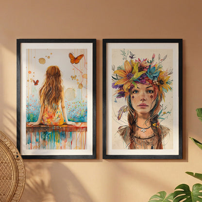 Boho Butterfly Girl Wall Art Set