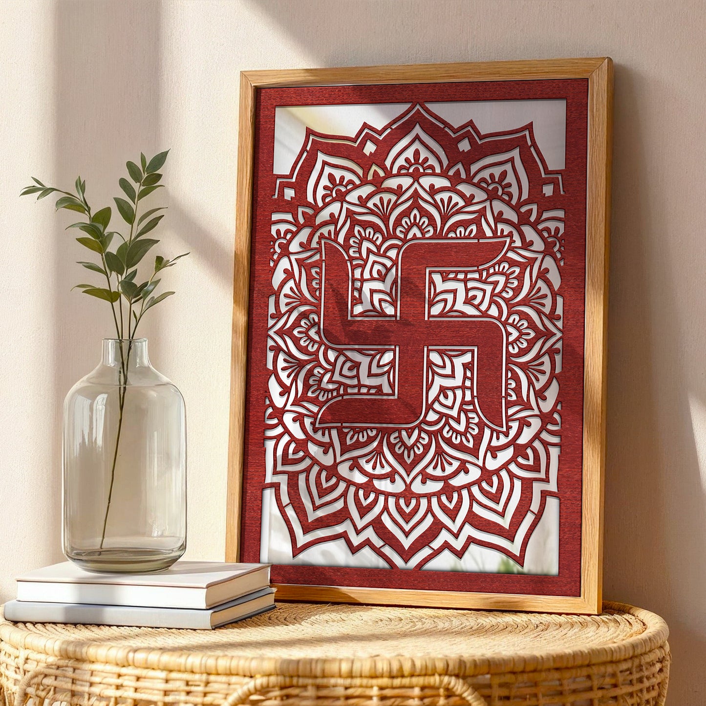 Auspicious Swastik Pinewood Laser wall Art
