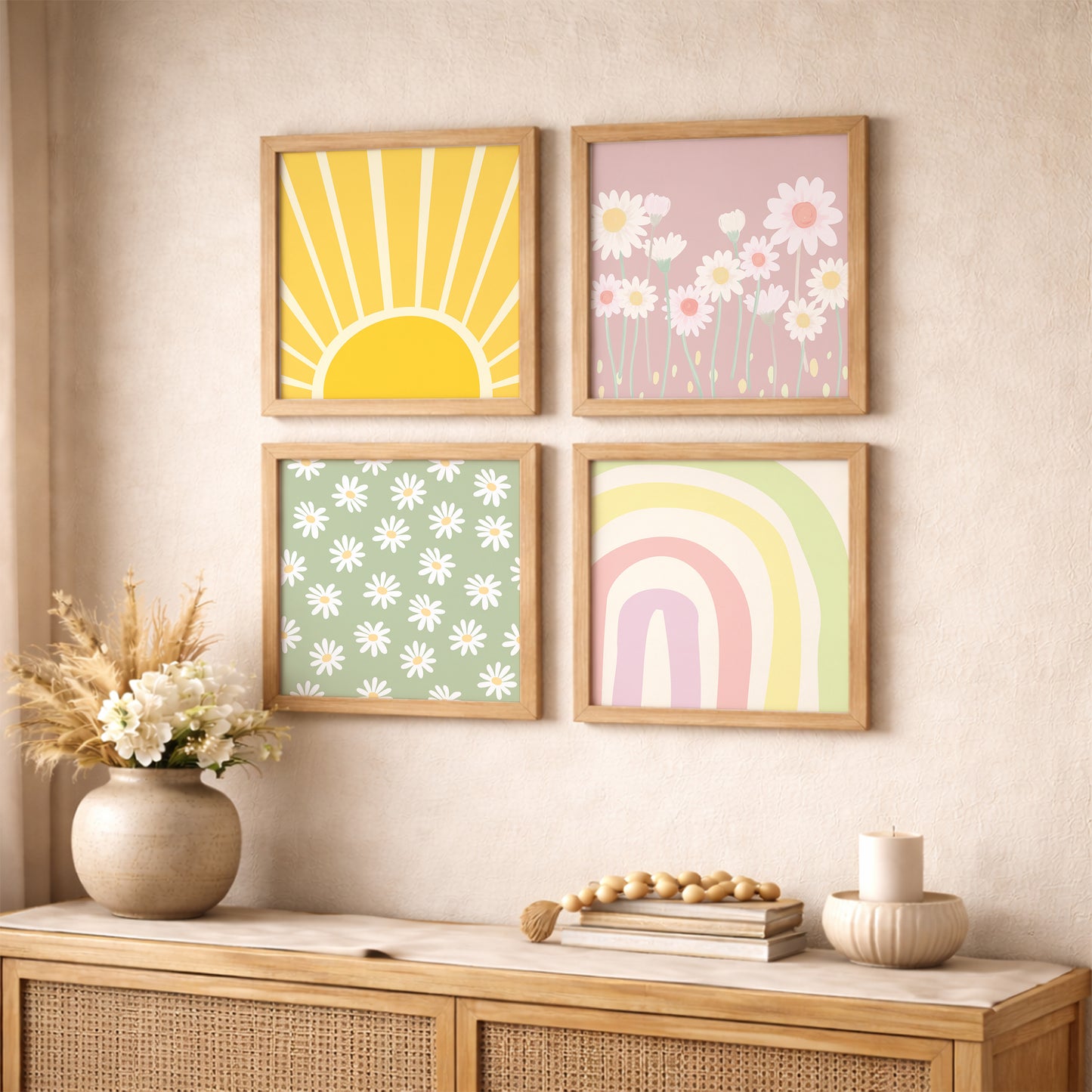 Boho Sunshine & Daisy Wall Art Frame Set of 4