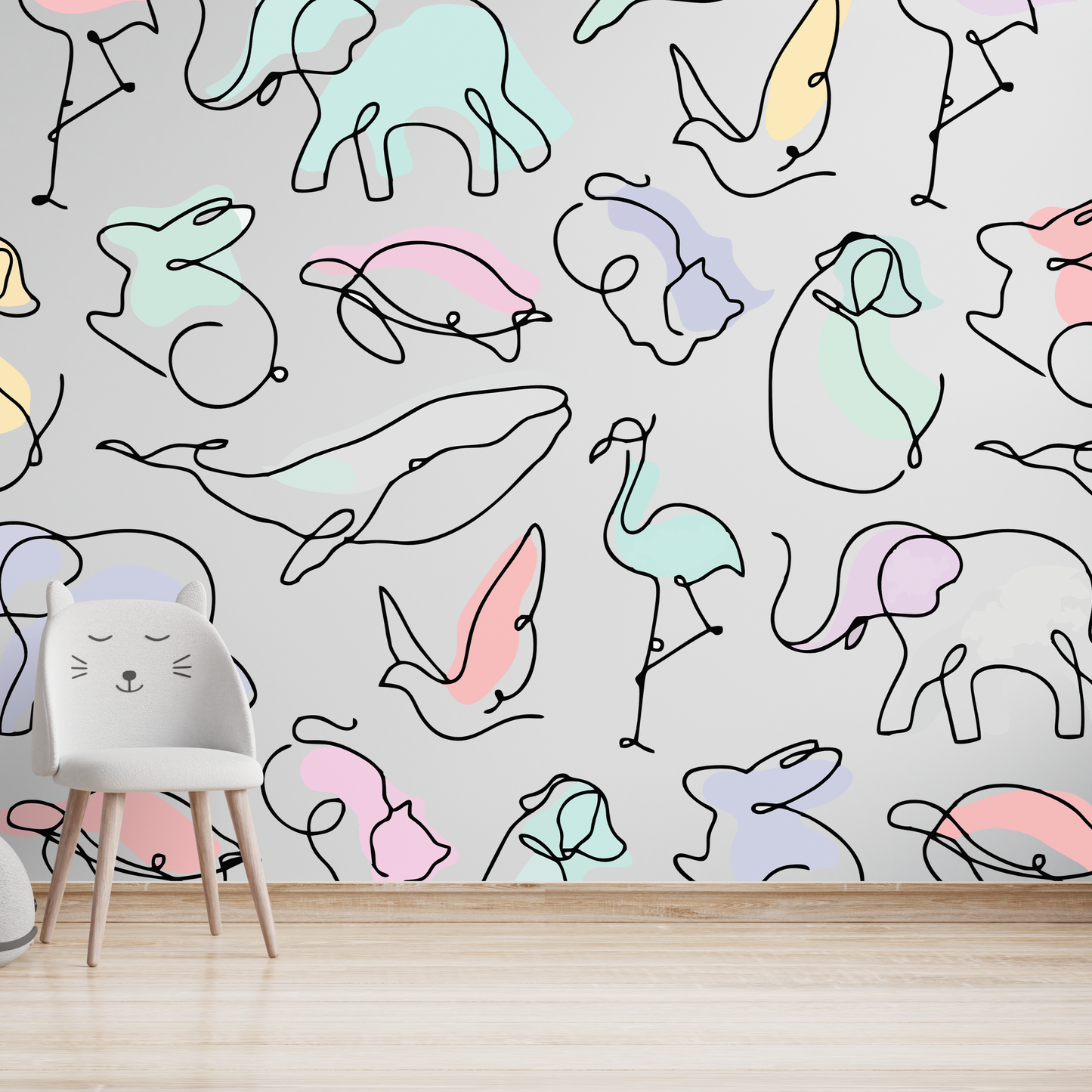 Minimalist One-Line Pastel Animal Pattern Wall Sticker