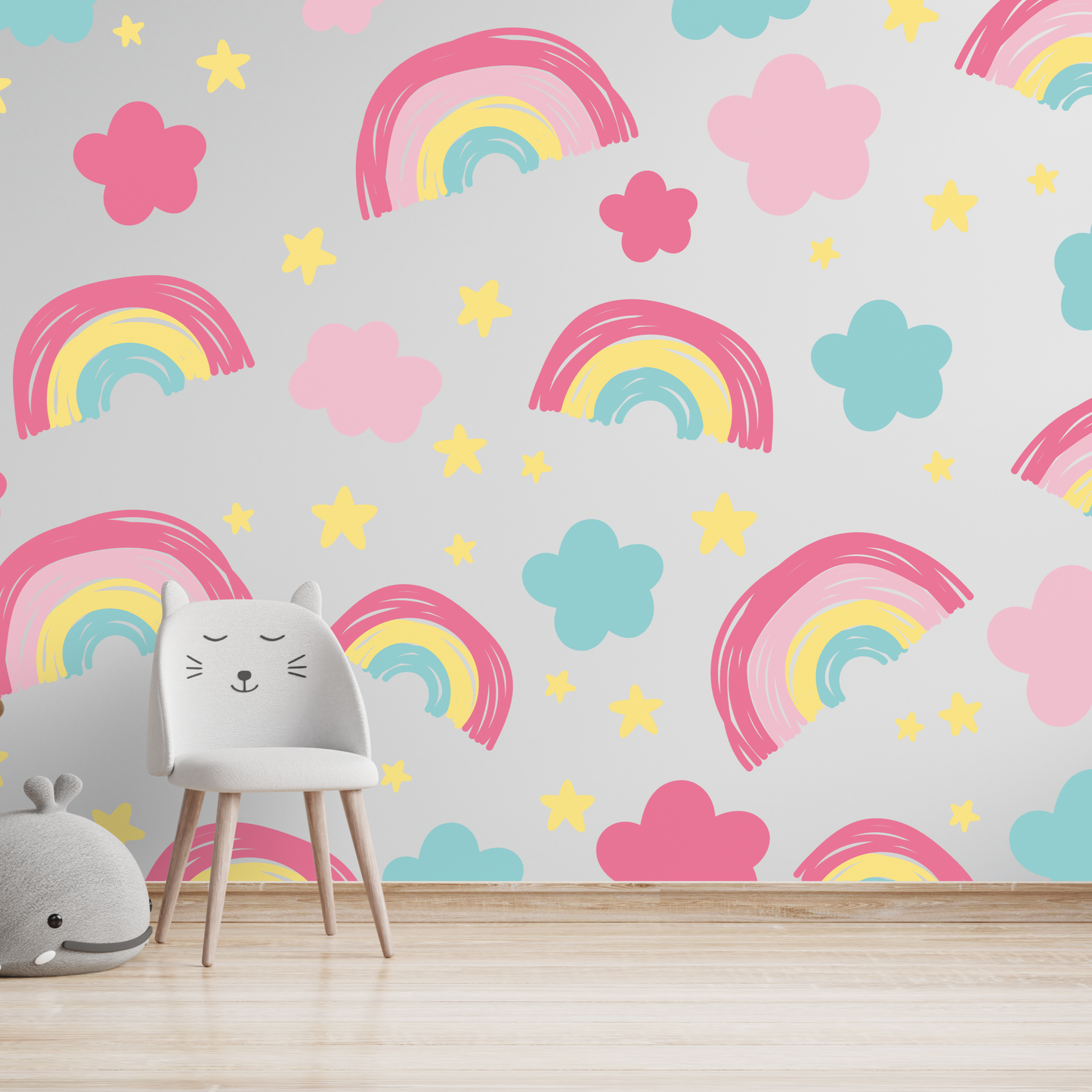 Pastel Rainbow, Star, and Cloud Pattern Wall Sticker