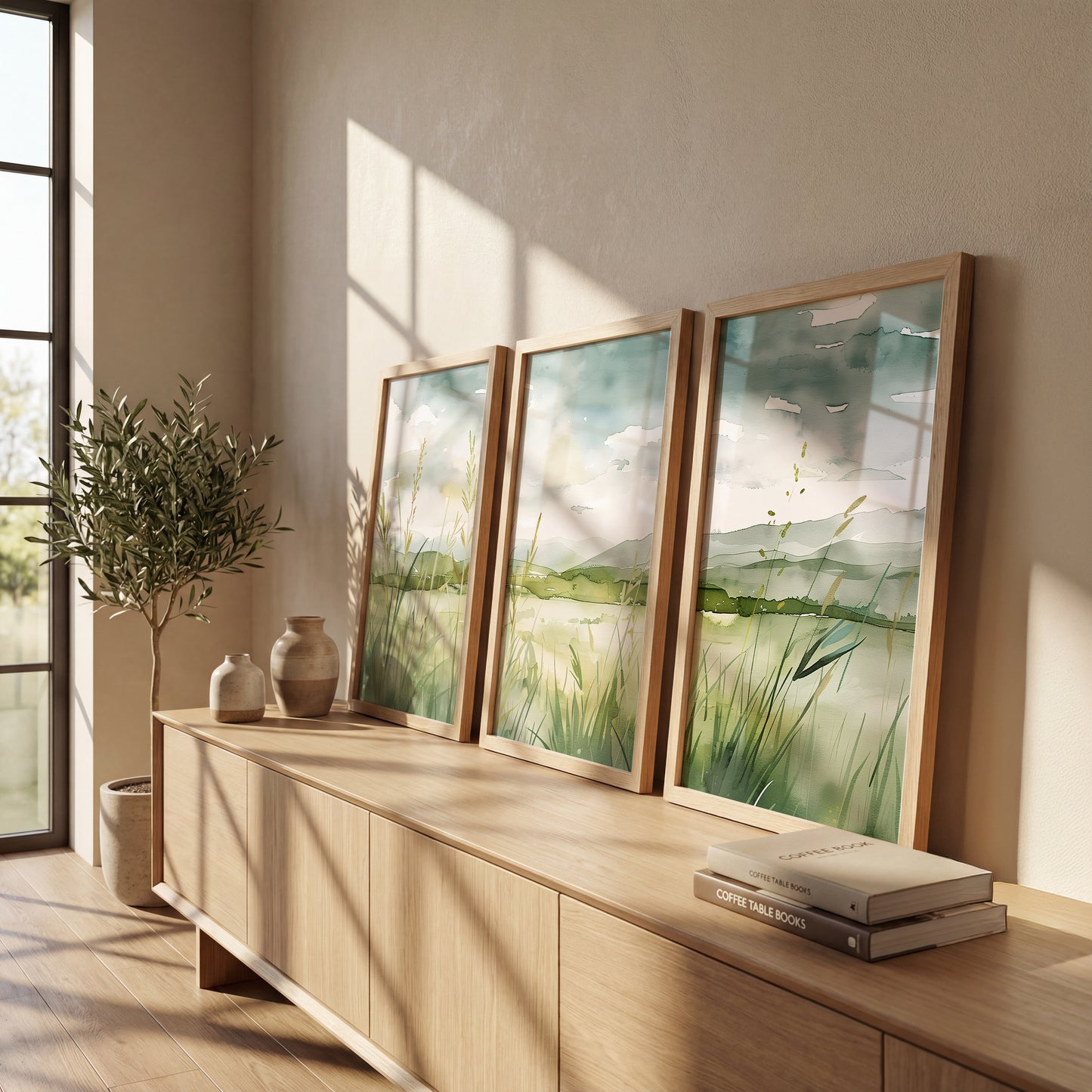 Serene Green Meadow Landscape Wall Art Set of 3