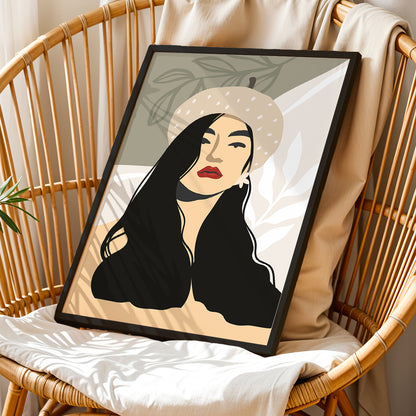 Boho Beret Girl Minimalist Framed Wall Art