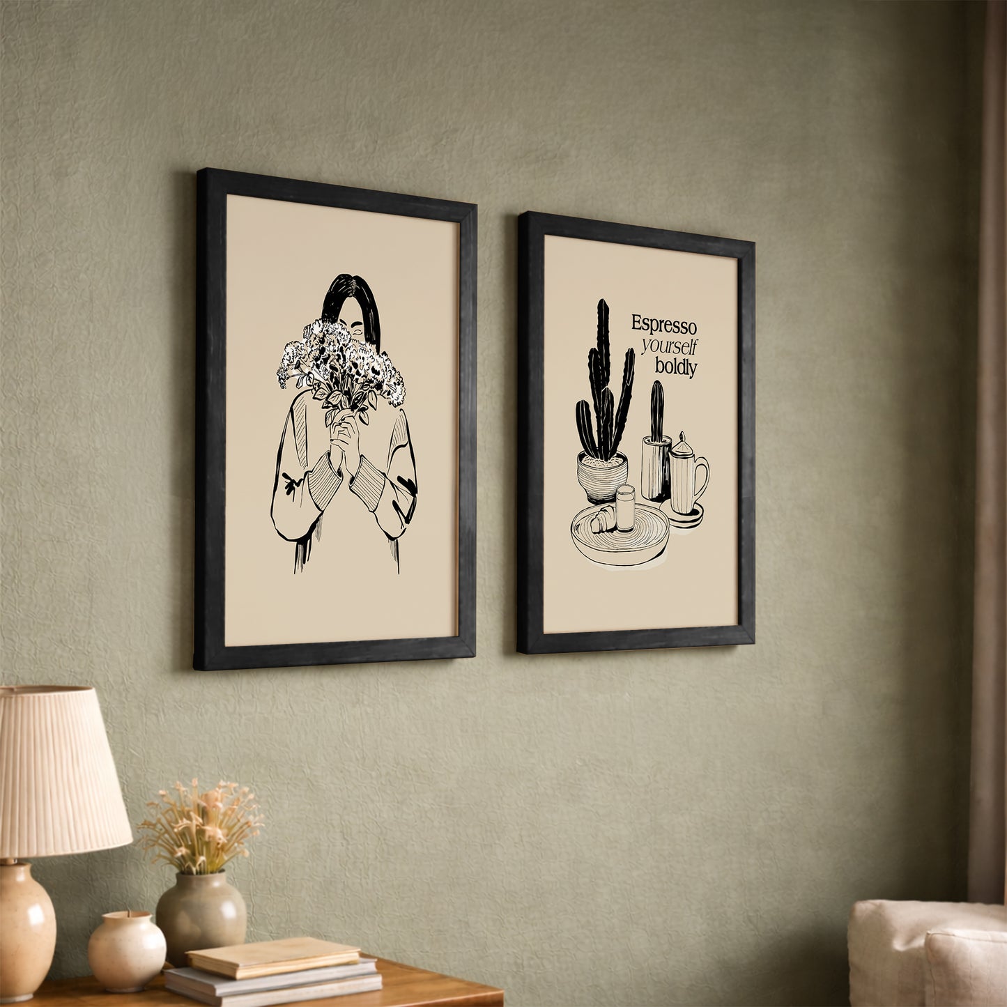 Minimal Line Art & Coffee Quote Wall Frame Set of 2