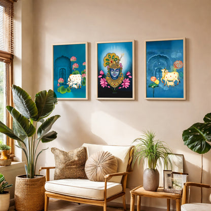 Divine Pichwai Shreenathji & Sacred Cow Wall Art - Set of 3