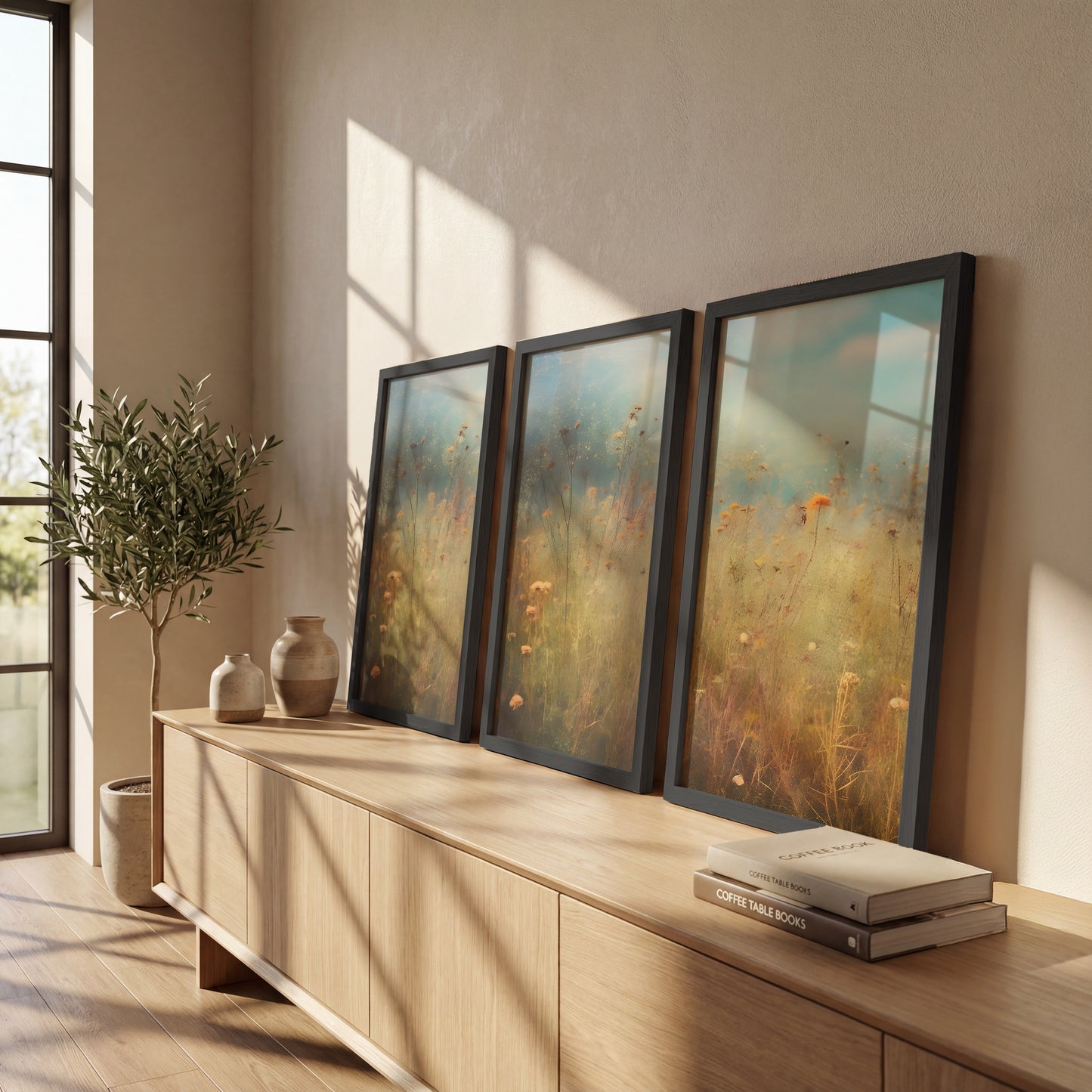 Pastel Wildflower Field Framed Prints Set of 3