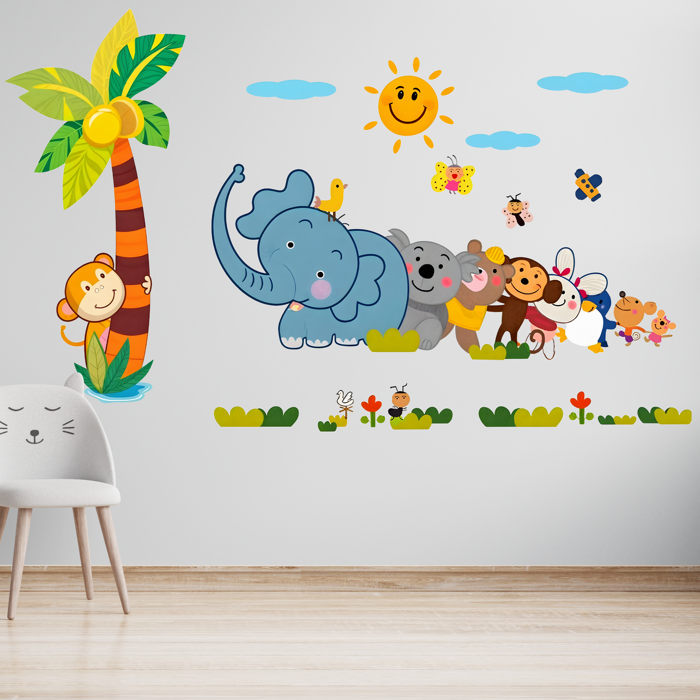Happy Line of Cartoon Jungle Animals Wall Sticker