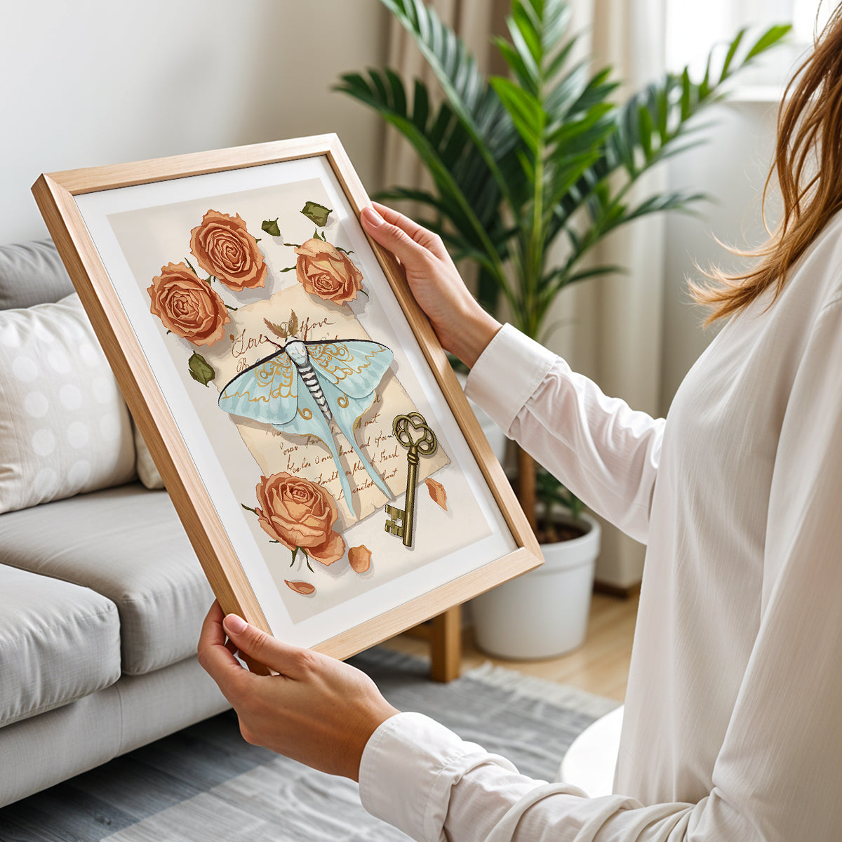 Vintage Moth & Roses Botanical Framed Wall Art