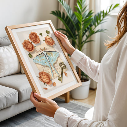 Vintage Moth & Roses Botanical Framed Wall Art