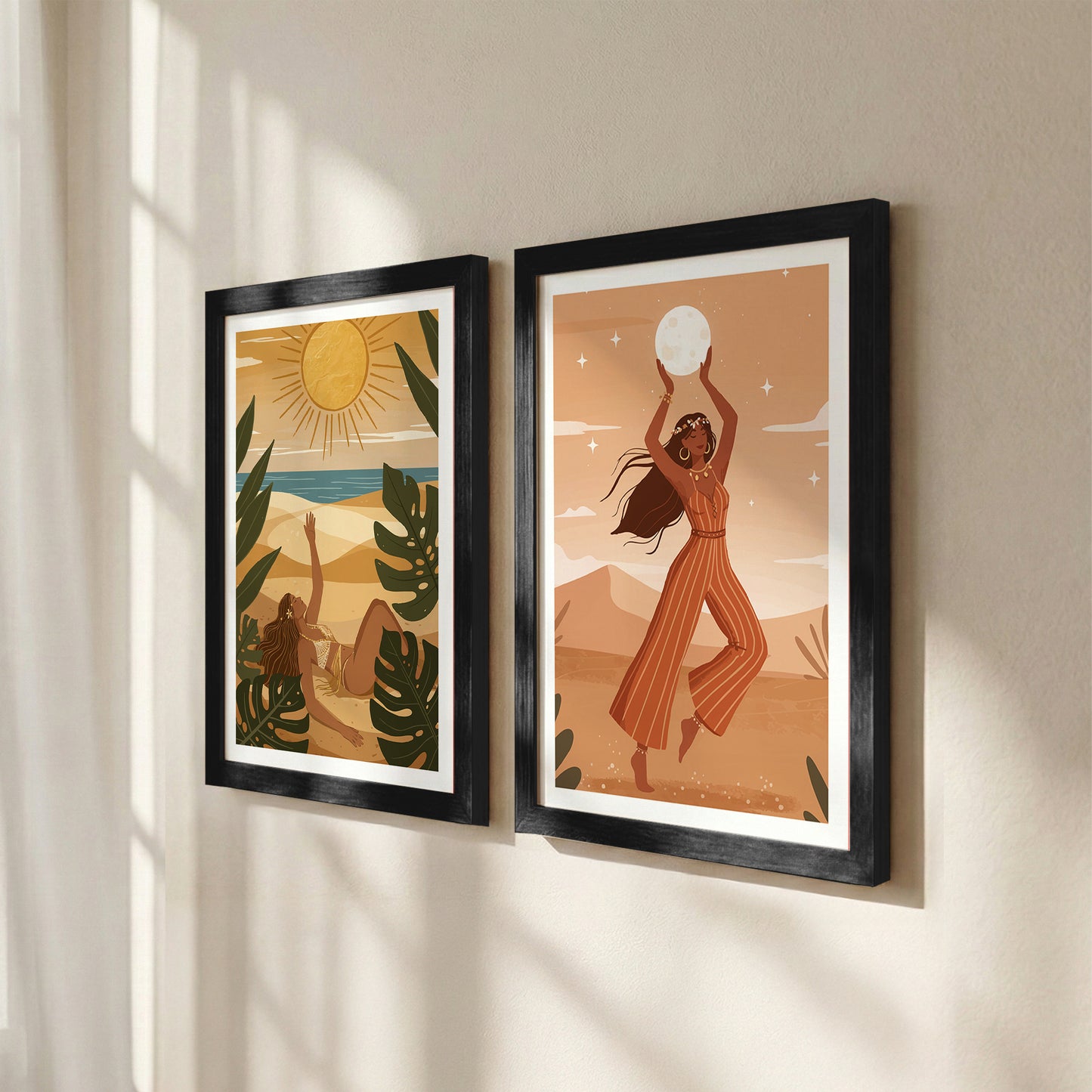 Bohemian Sun & Moon Goddess Wall Art Set of 2
