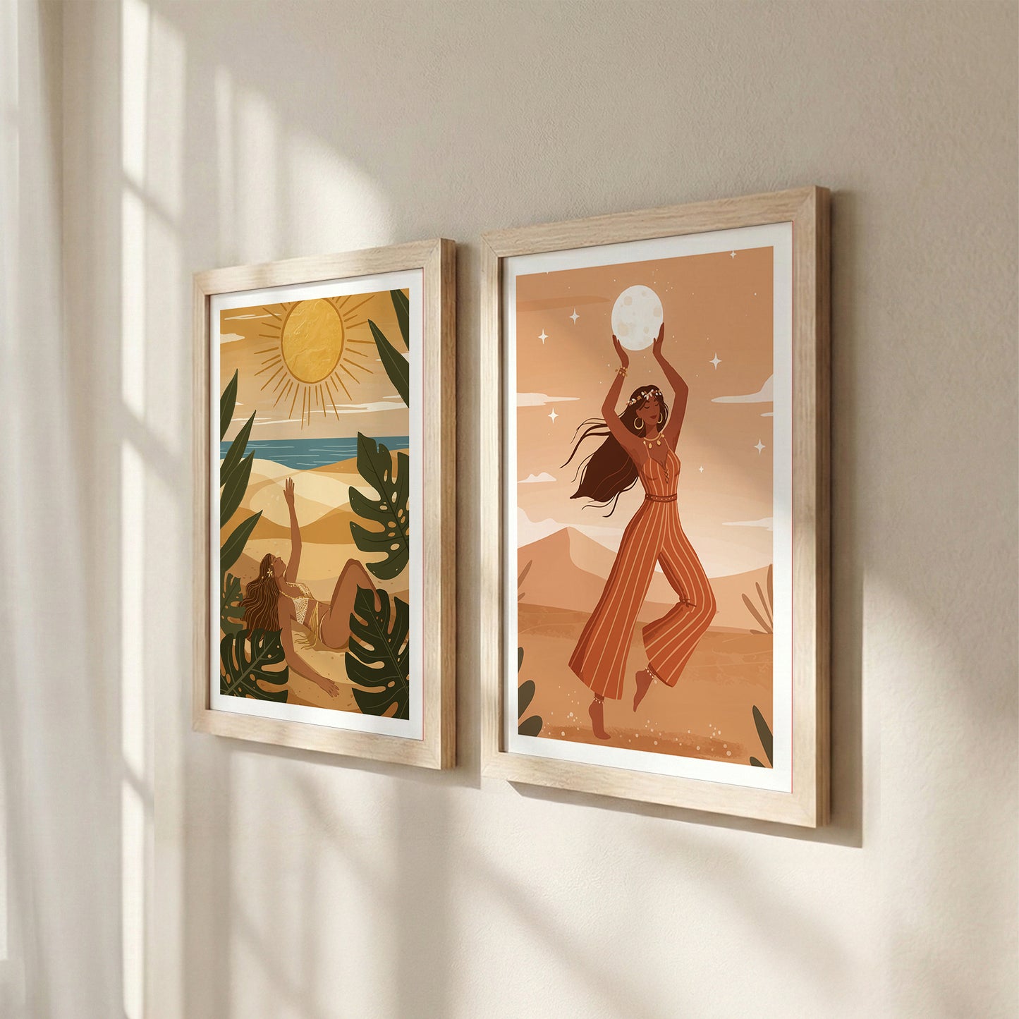 Bohemian Sun & Moon Goddess Wall Art Set of 2