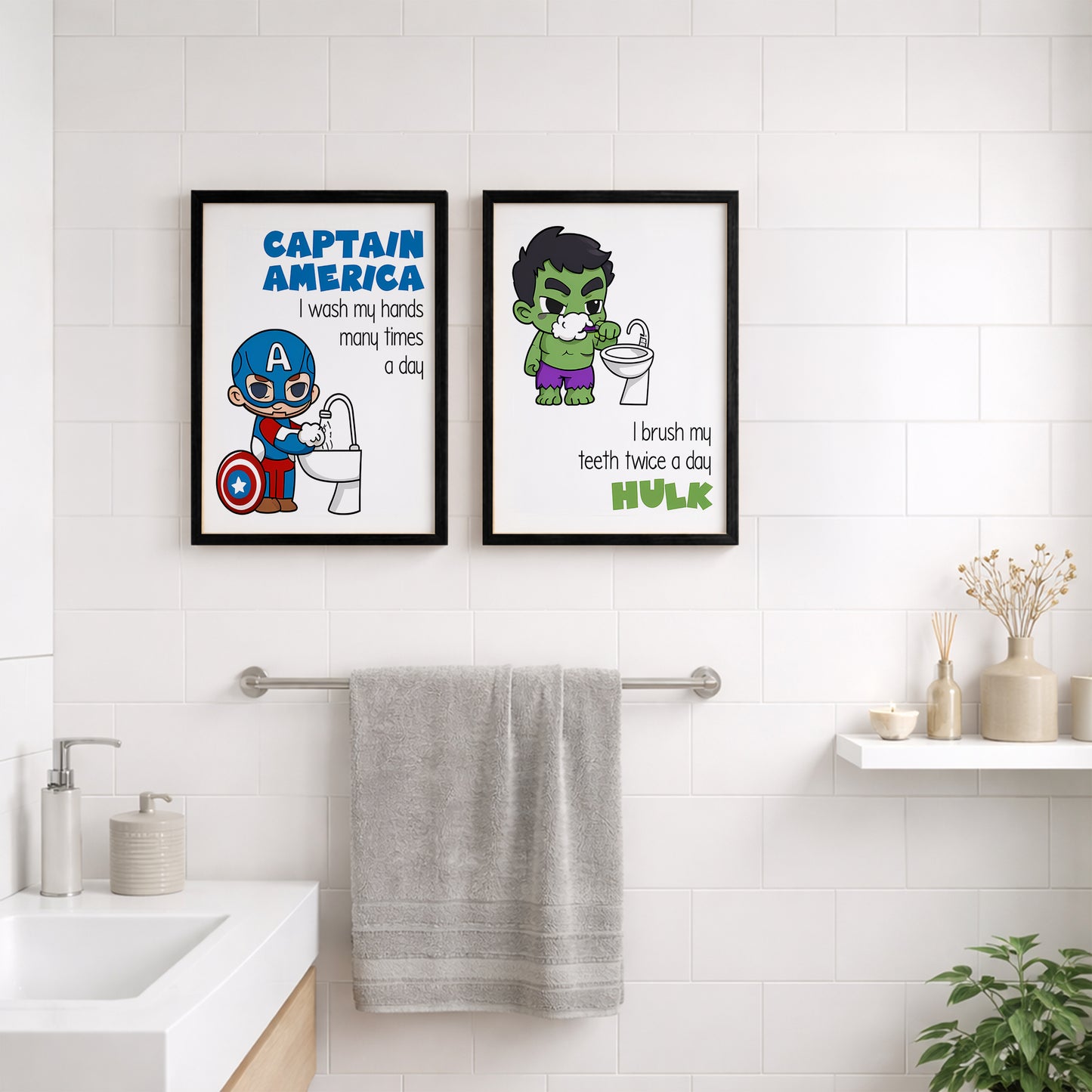 Superhero Bathroom Rules Wall Frames Set of 2