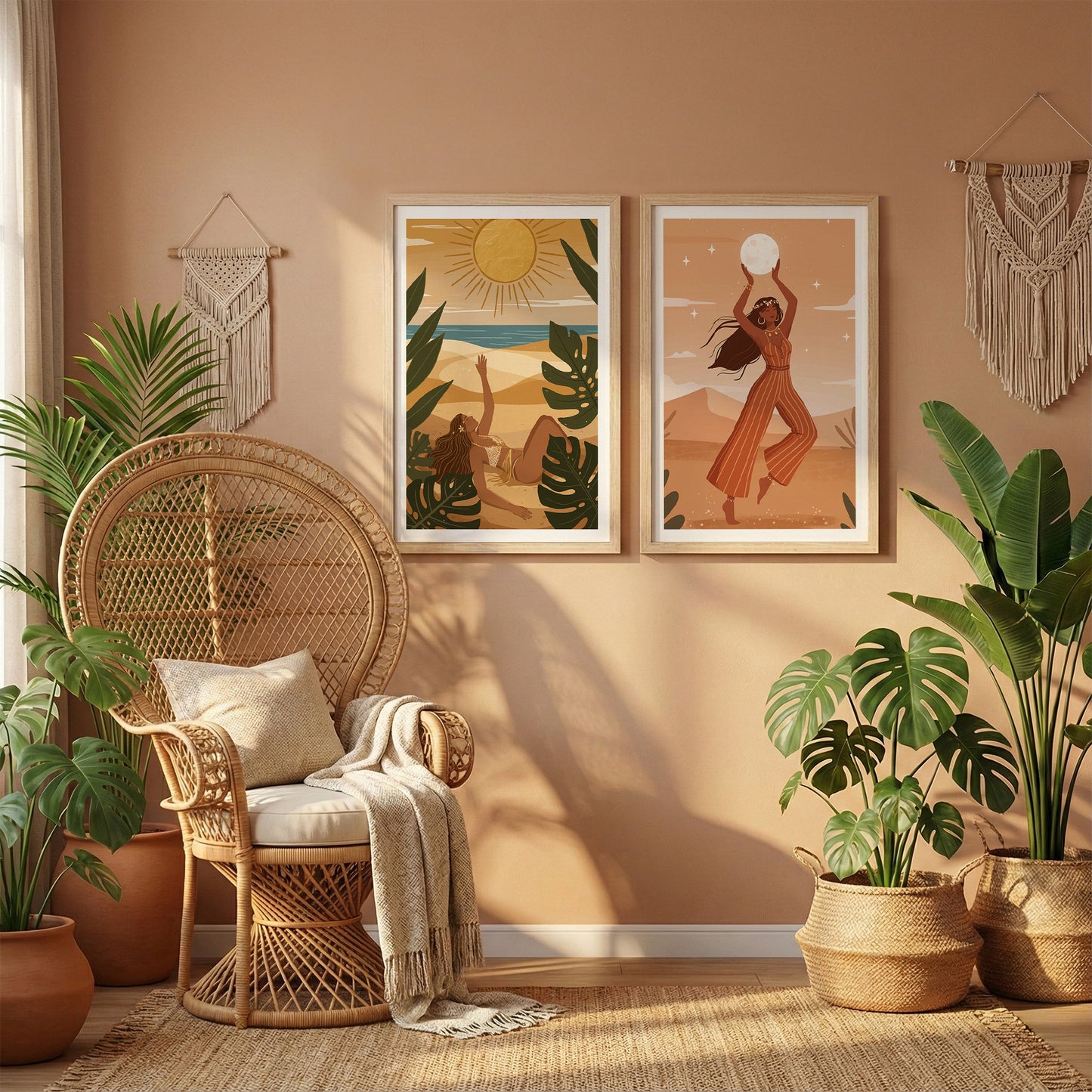Bohemian Sun & Moon Goddess Wall Art Set of 2