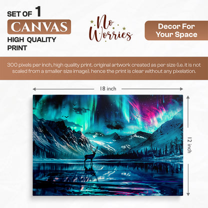 Deer Silhouette Northern Lights Lake Reflection Print Canvas