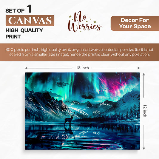 Deer Silhouette Northern Lights Lake Reflection Print Canvas