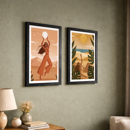 Bohemian Sun & Moon Goddess Wall Art Set of 2