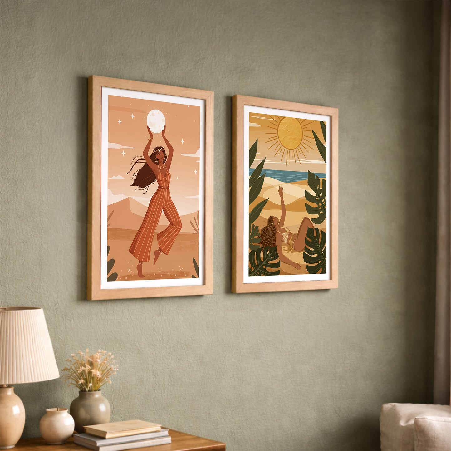 Bohemian Sun & Moon Goddess Wall Art Set of 2