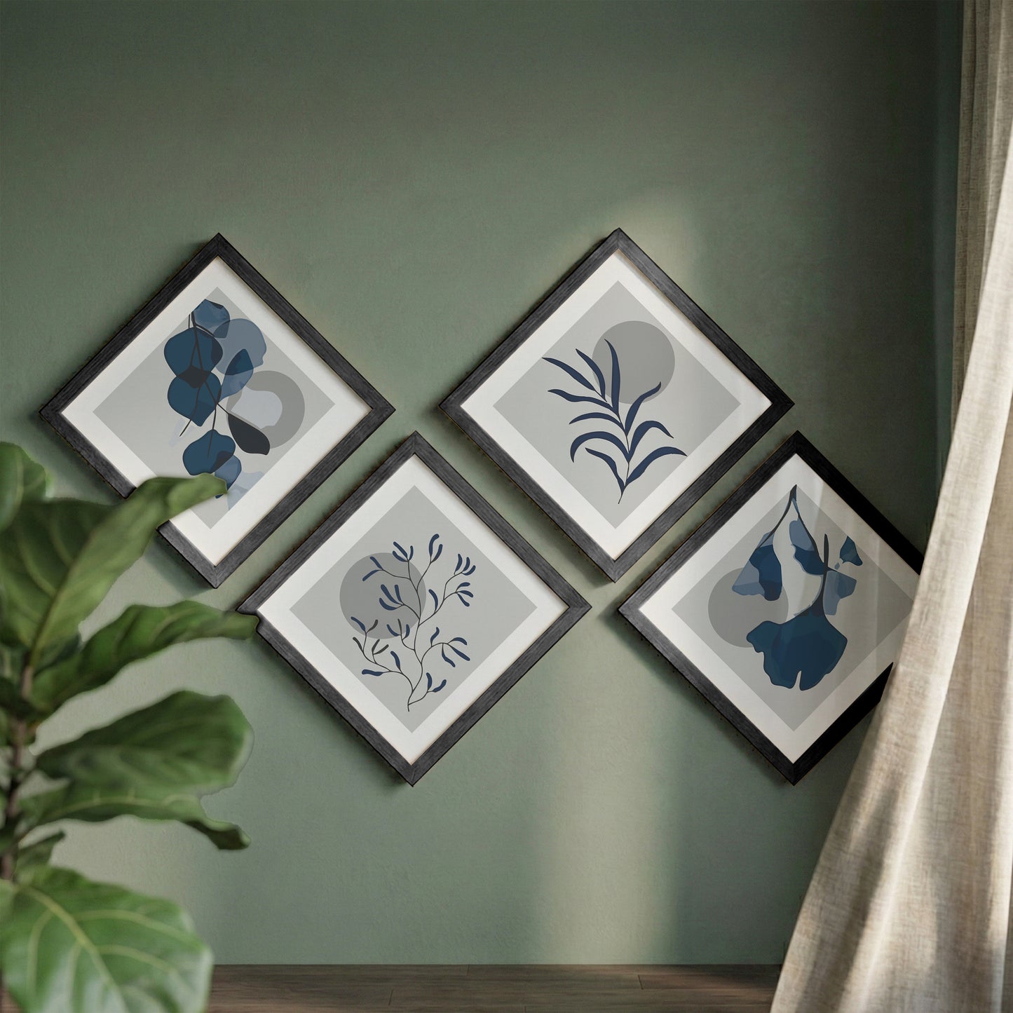 Minimal Blue Botanical Wall Frame Set of 4