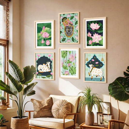 Lotus & Krishna Spiritual Art Wall Frame Set of 6