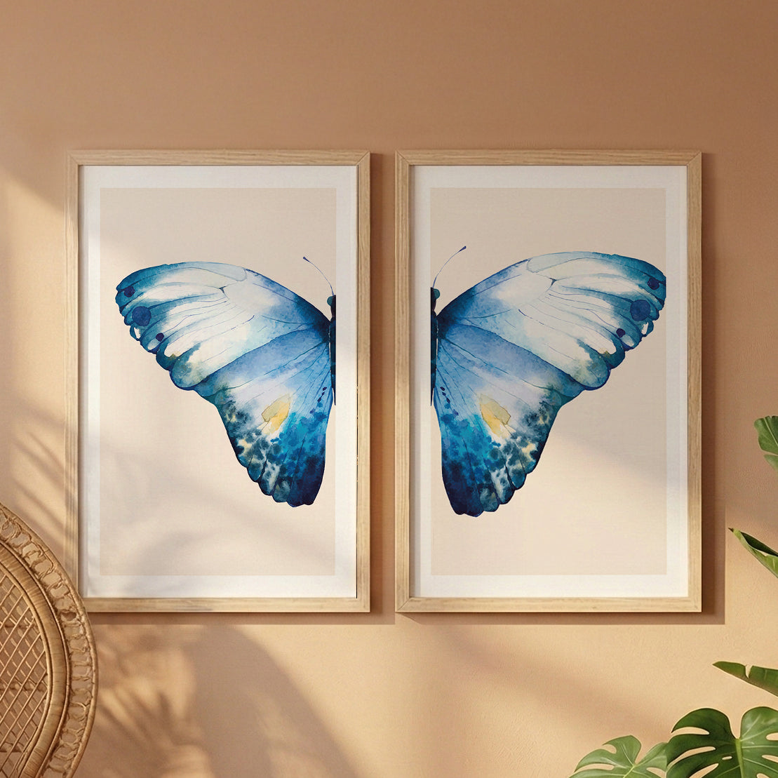 Blue Butterfly Botanical Wall Art Set of 2